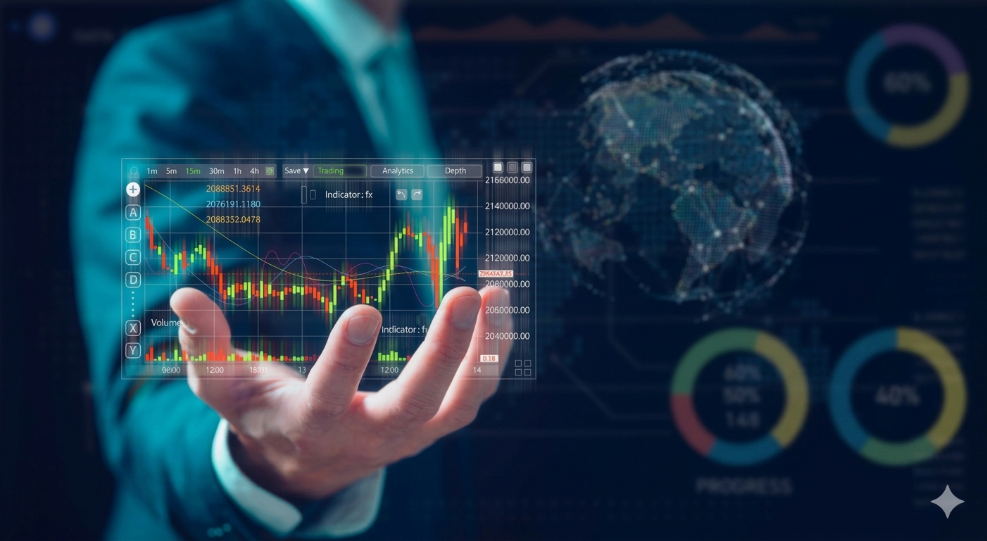 Uomo in giacca che presenta un grafico finanziario e un globo digitale in ologramma